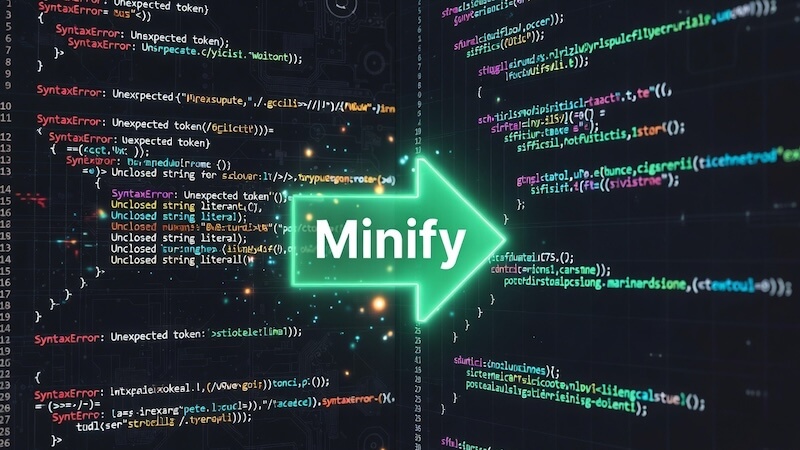 HTML kodunun minify öncesi ve sonrası boyut karşılaştırmasını gösteren dosya küçülme örneği