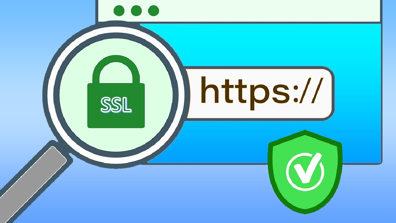 توضيح لفحص شهادة SSL يظهر عنوان HTTPS في شريط المتصفح مع رمز القفل وحماية الاتصال الآمن للموقع