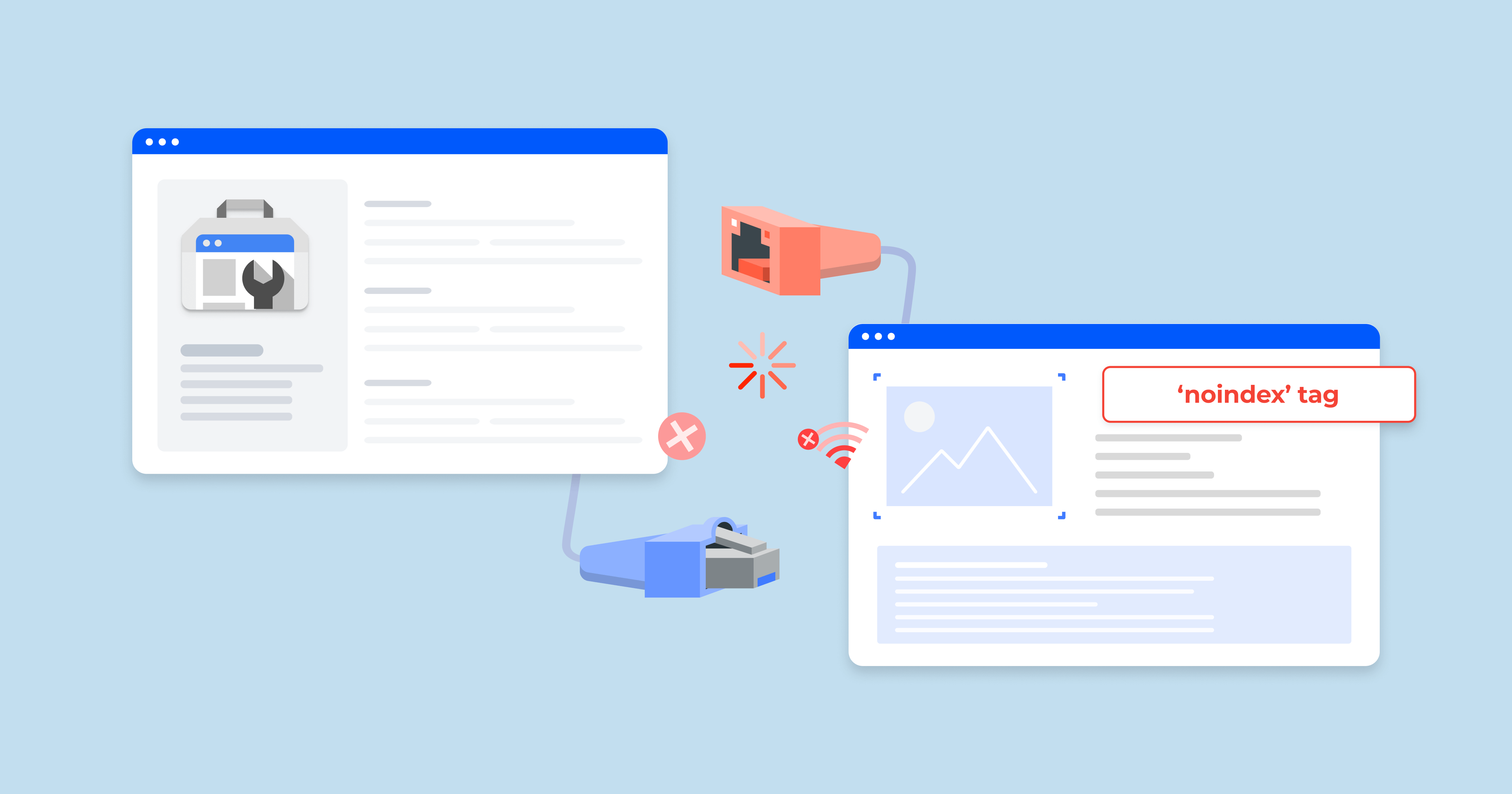 Illustration of a website being analyzed for Noindex pages and SEO optimization.